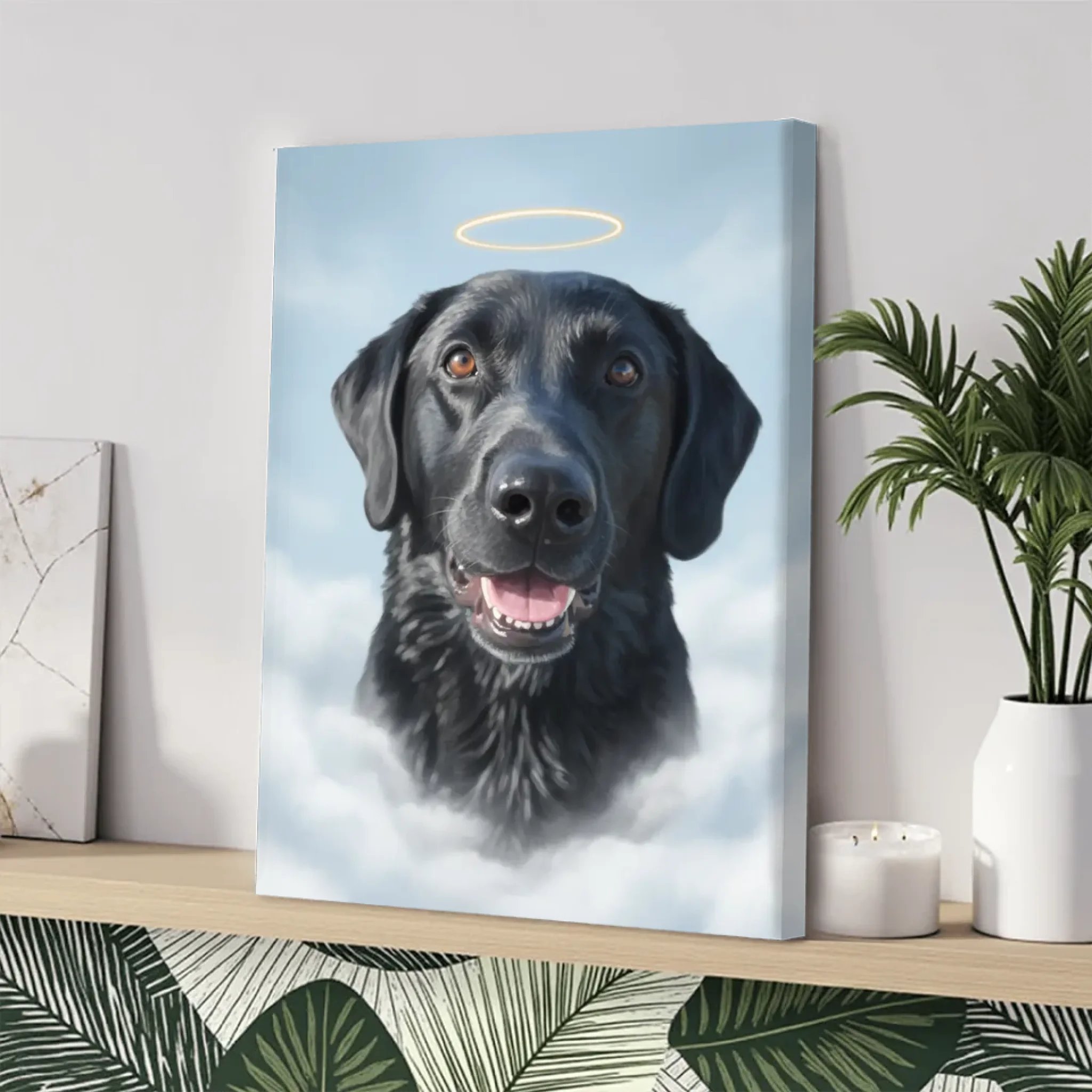 Haustierporträt mit Engels-Halo auf Wolken