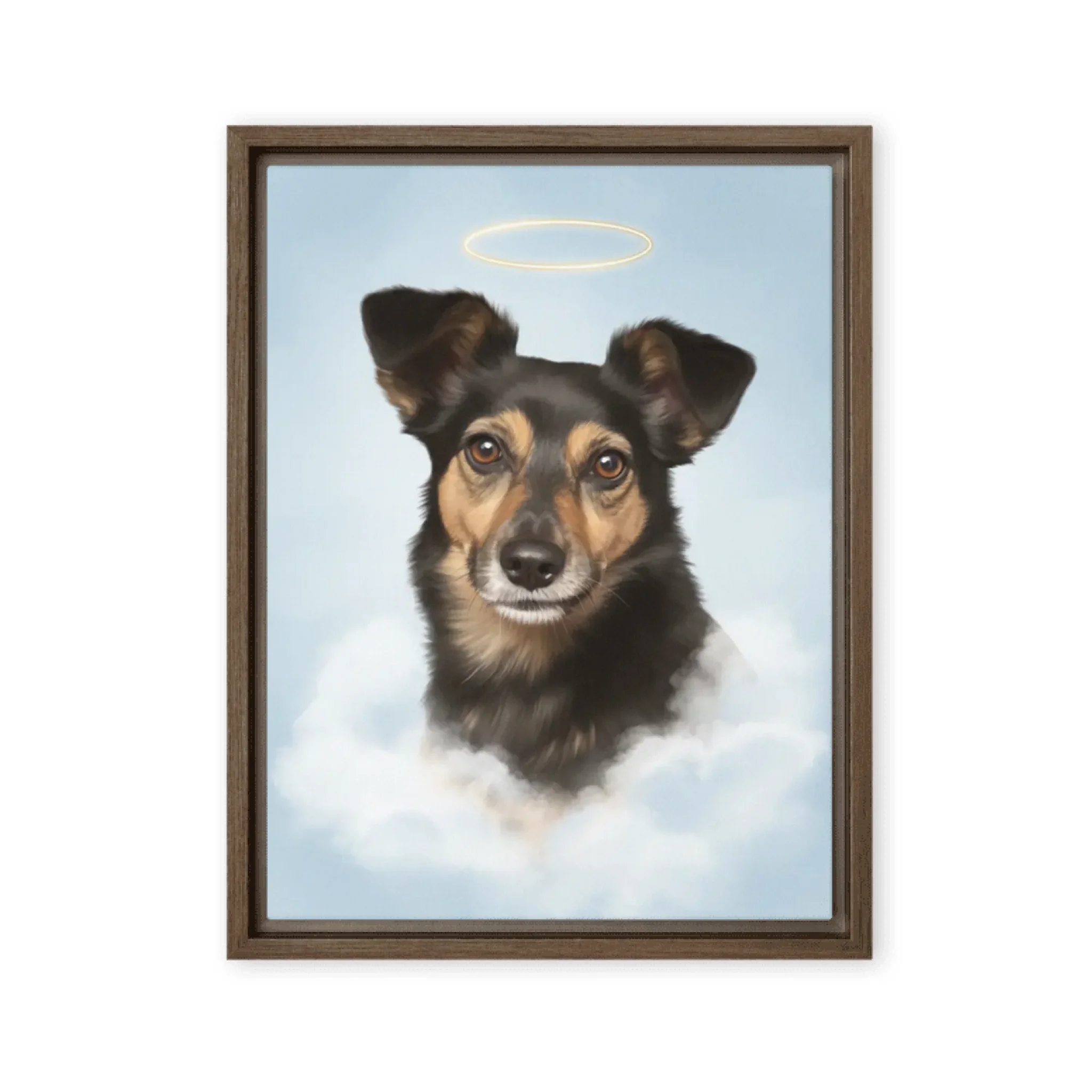 Haustierporträt mit Engels-Halo auf Wolken